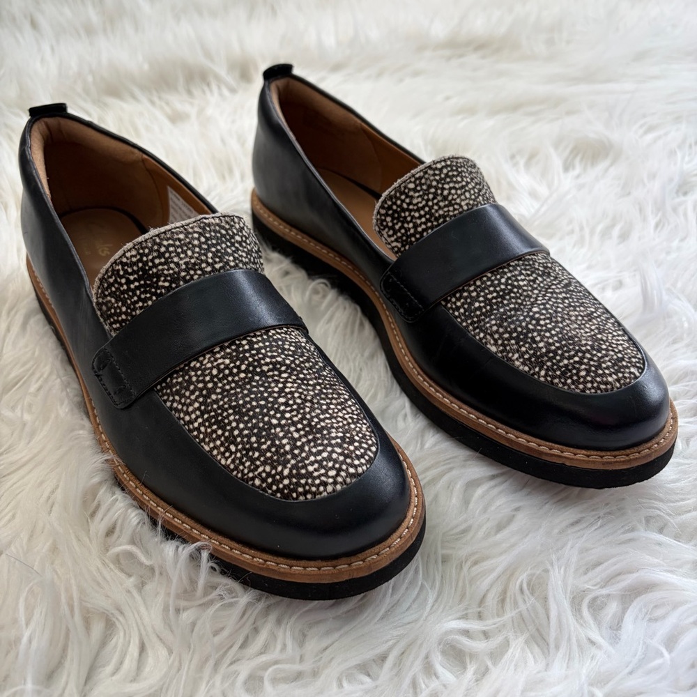 Clarks Artisan Glick Avalee Womens 9.5 Leopard Pony Hair Black Leather Loafers